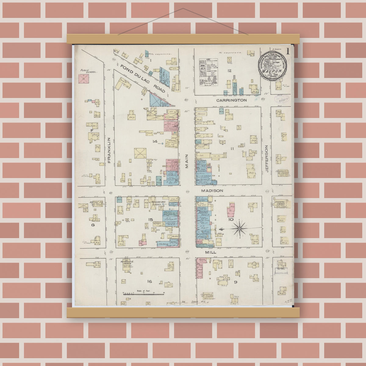 Old map wall art mockup — magnetic wood frame on brick wall — Sanborn Fire Insurance Map from Waupun, Dodge and Fond du Lac Counties, Wisconsin (1885), Sheet #0001