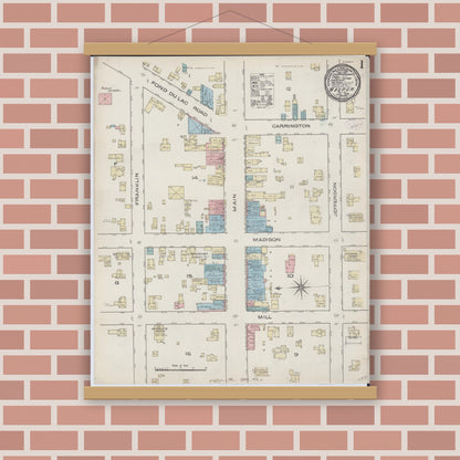 Old map wall art mockup — magnetic wood frame on brick wall — Sanborn Fire Insurance Map from Waupun, Dodge and Fond du Lac Counties, Wisconsin (1885), Sheet #0001
