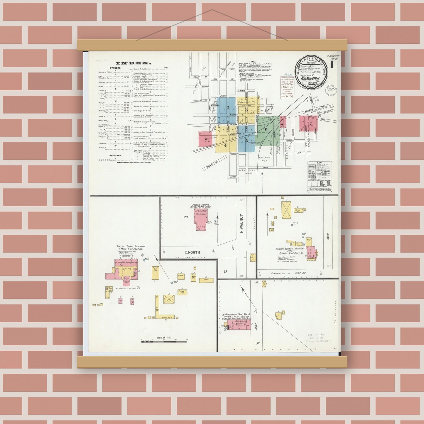 Old map wall art mockup — magnetic wood frame on brick wall — Sanborn Fire Insurance Map from Wilmington, Clinton County, Ohio (1900) - Complete Map Set