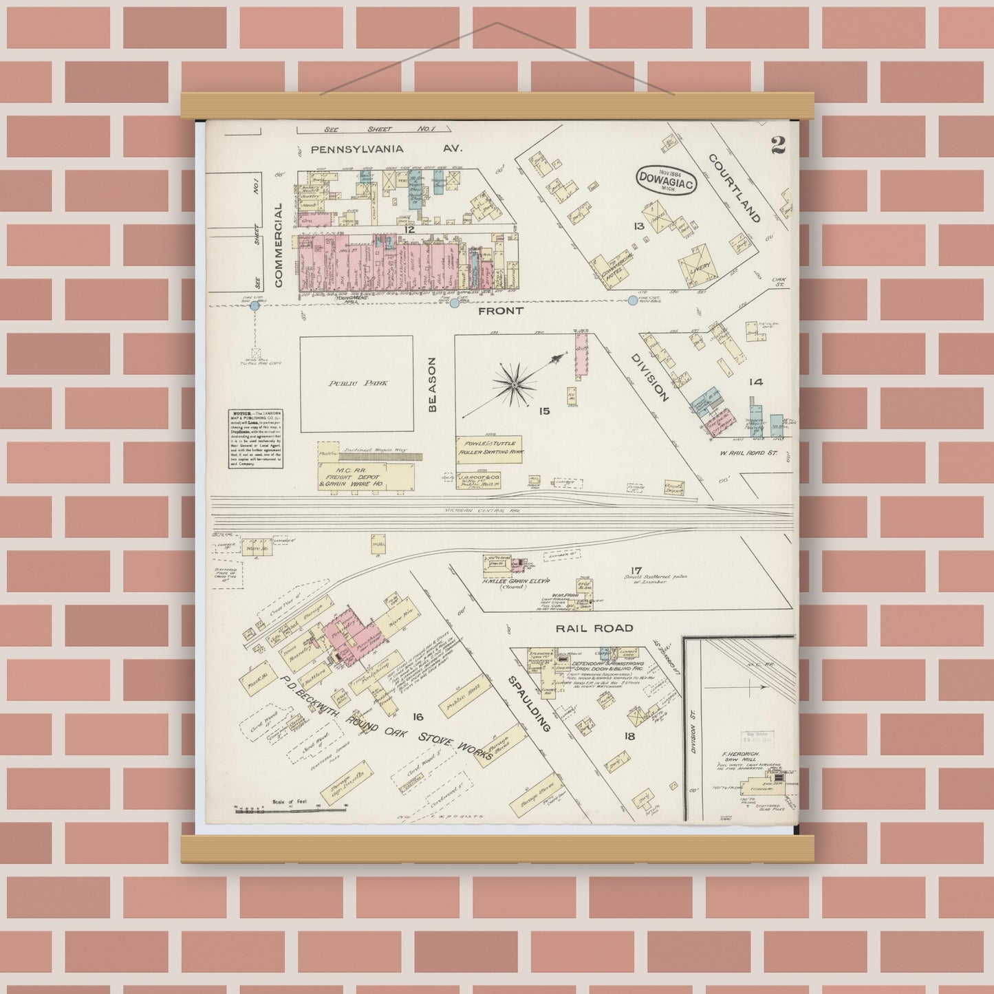 Old map wall art mockup — magnetic wood frame on brick wall — Sanborn Fire Insurance Map from Dowagiac, Cass County, Michigan (1884), Sheet #0002
