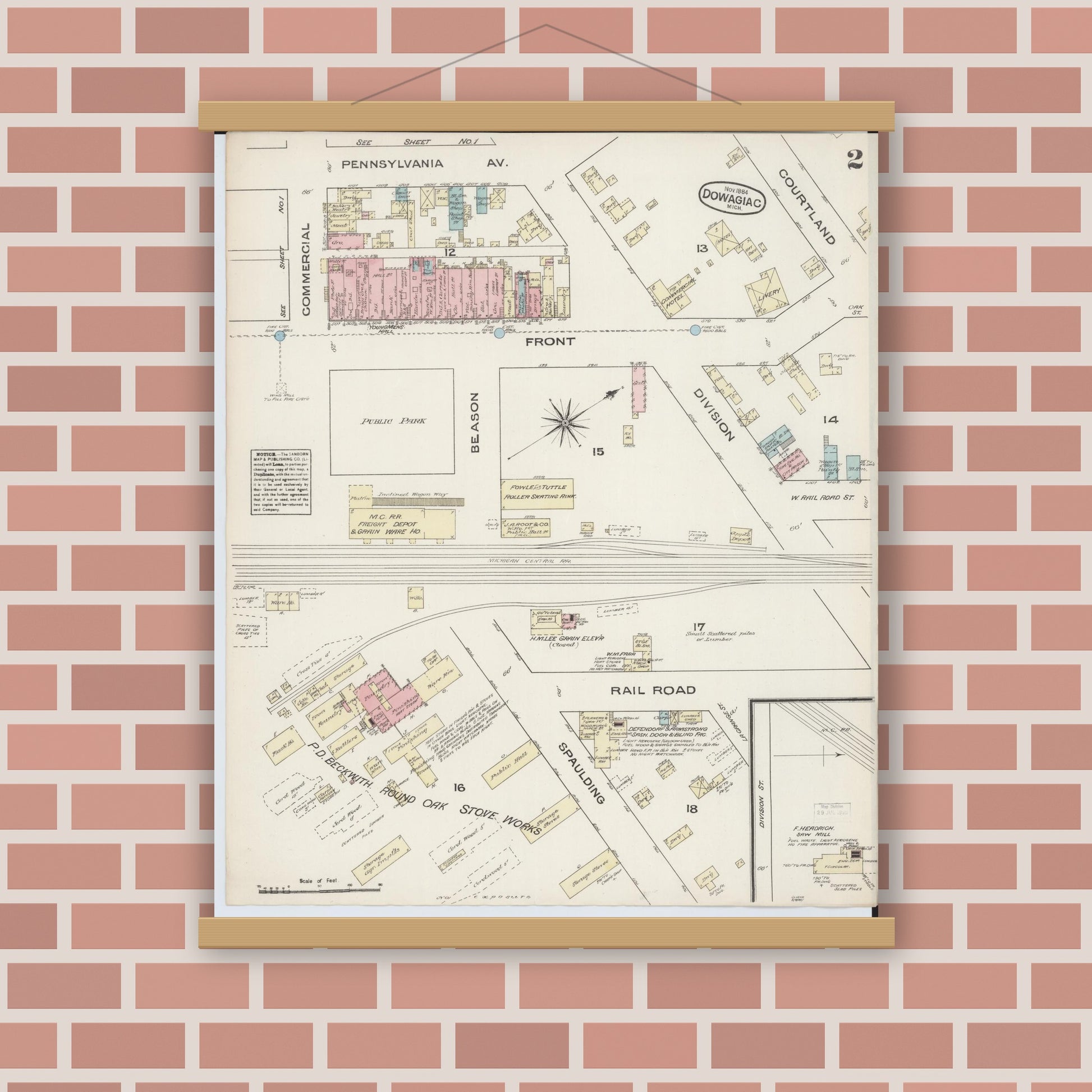 Old map wall art mockup — magnetic wood frame on brick wall — Sanborn Fire Insurance Map from Dowagiac, Cass County, Michigan (1884), Sheet #0002
