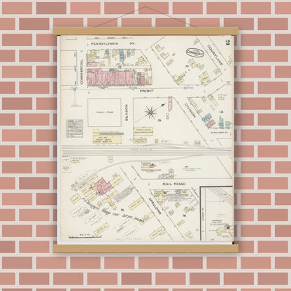 Old map wall art mockup — magnetic wood frame on brick wall — Sanborn Fire Insurance Map from Dowagiac, Cass County, Michigan (1884), Sheet #0002