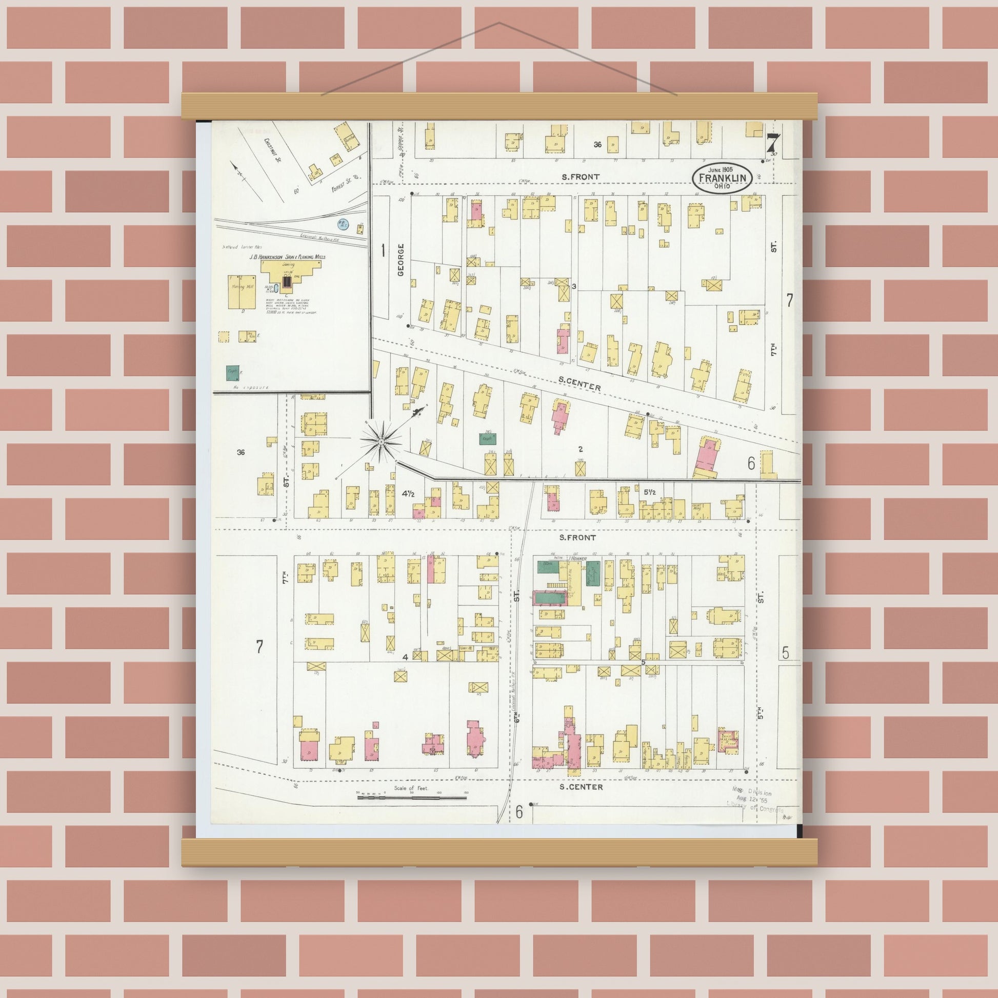 Old map wall art mockup — magnetic wood frame on brick wall — Sanborn Fire Insurance Map from Franklin, Warren County, Ohio (1905), Sheet #0007