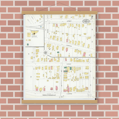 Old map wall art mockup — magnetic wood frame on brick wall — Sanborn Fire Insurance Map from Franklin, Warren County, Ohio (1905), Sheet #0007