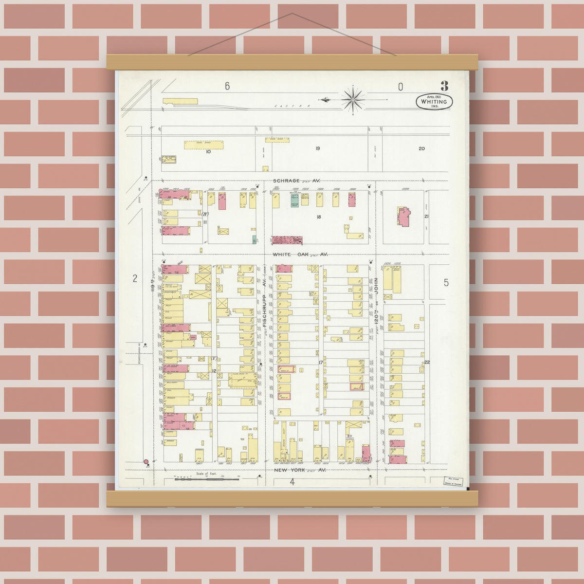 Old map wall art mockup — magnetic wood frame on brick wall — Sanborn Fire Insurance Map from Whiting, Lake County, Indiana (1901), Sheet #0003