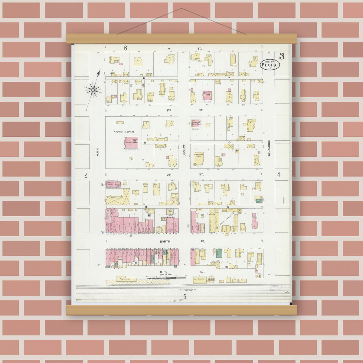 Old map wall art mockup — magnetic wood frame on brick wall — Sanborn Fire Insurance Map from Flora, Clay County, Illinois (1906), Sheet #0003