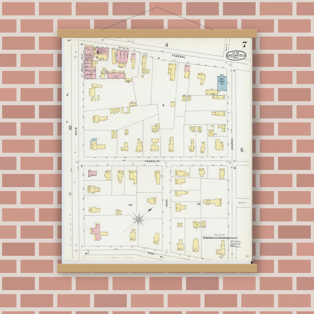 Old map wall art mockup — magnetic wood frame on brick wall — Sanborn Fire Insurance Map from Greenfield, Franklin County, Massachusetts (1896), Sheet #0007