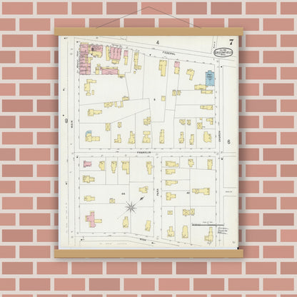 Old map wall art mockup — magnetic wood frame on brick wall — Sanborn Fire Insurance Map from Greenfield, Franklin County, Massachusetts (1896), Sheet #0007