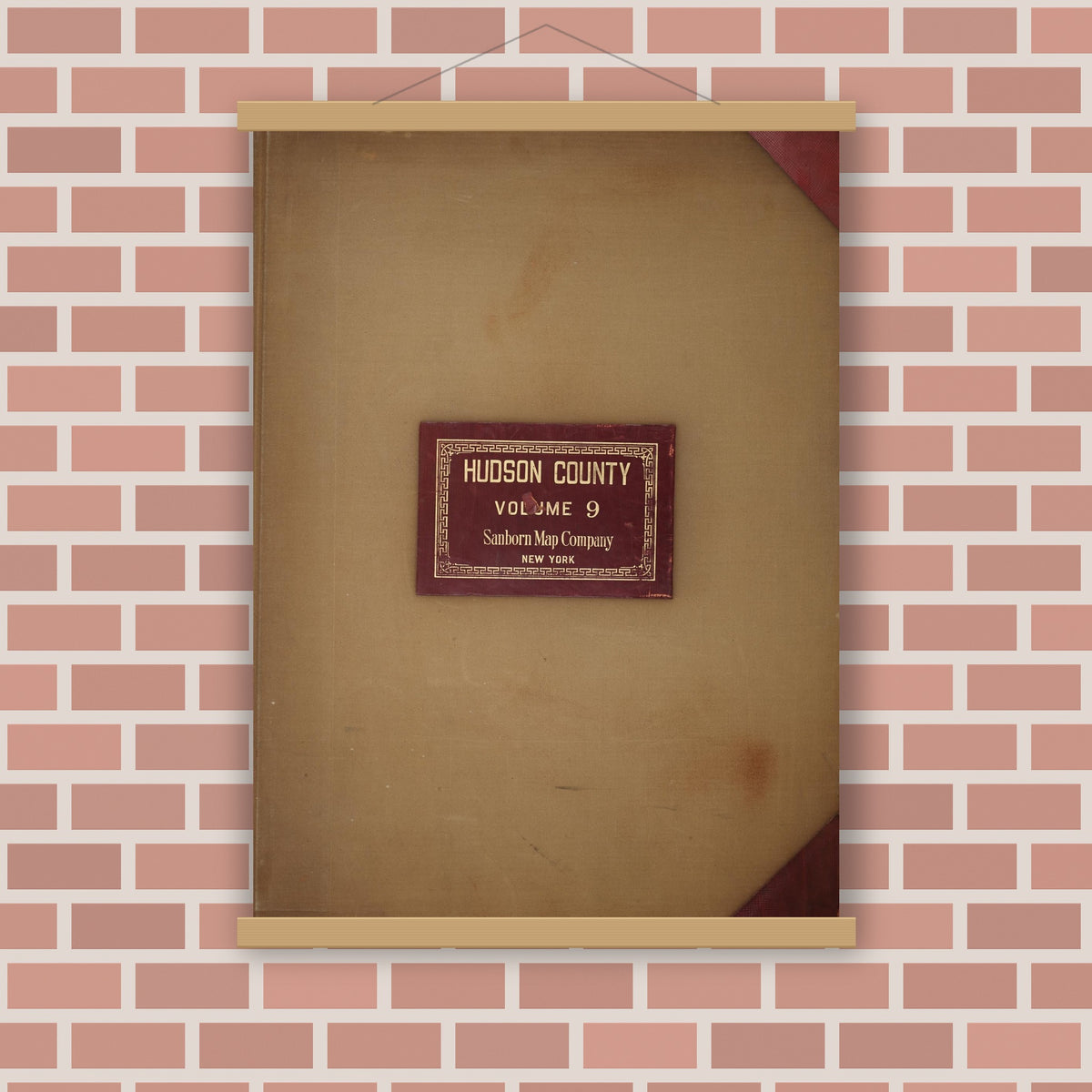 Old map wall art mockup — magnetic wood frame on brick wall — Sanborn Fire Insurance Map from Hudson Co., Hudson County, New Jersey (1950), Sheet #0001