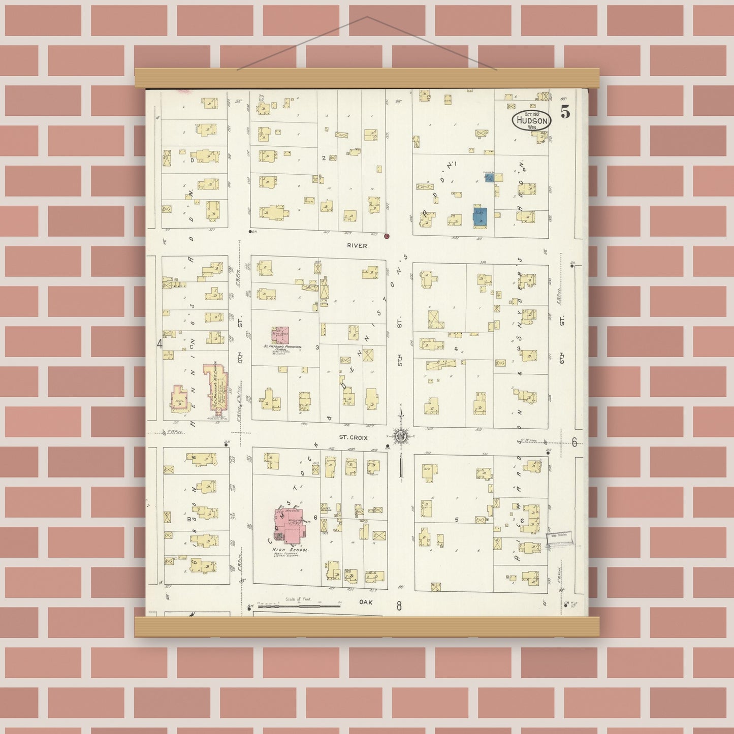 Old map wall art mockup — magnetic wood frame on brick wall — Sanborn Fire Insurance Map from Hudson, St. Croix County, Wisconsin (1912), Sheet #0005