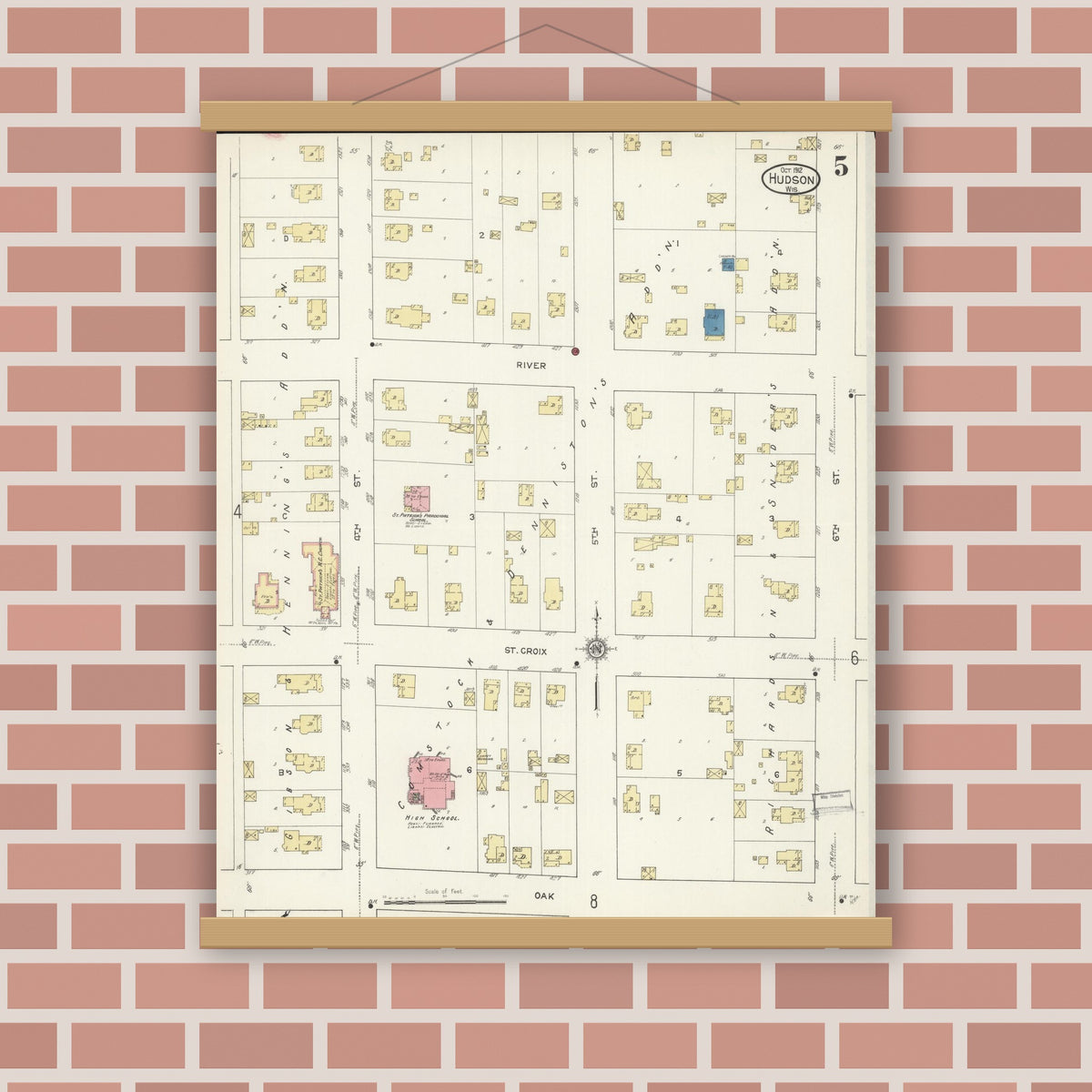 Old map wall art mockup — magnetic wood frame on brick wall — Sanborn Fire Insurance Map from Hudson, St. Croix County, Wisconsin (1912), Sheet #0005