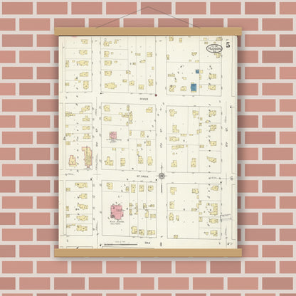 Old map wall art mockup — magnetic wood frame on brick wall — Sanborn Fire Insurance Map from Hudson, St. Croix County, Wisconsin (1912), Sheet #0005