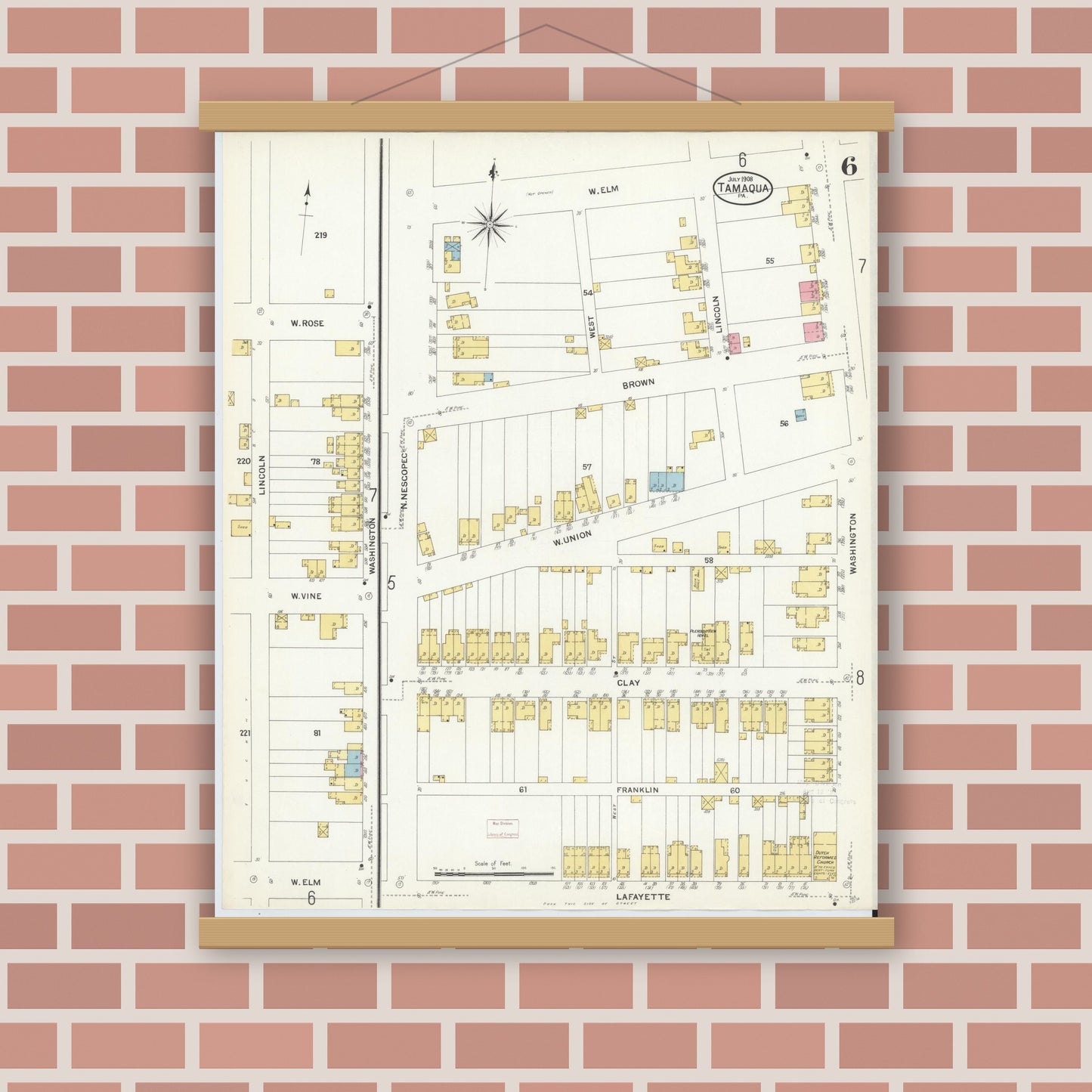 Old map wall art mockup — magnetic wood frame on brick wall — Sanborn Fire Insurance Map from Tamaqua, Schuylkill County, Pennsylvania (1908), Sheet #0006
