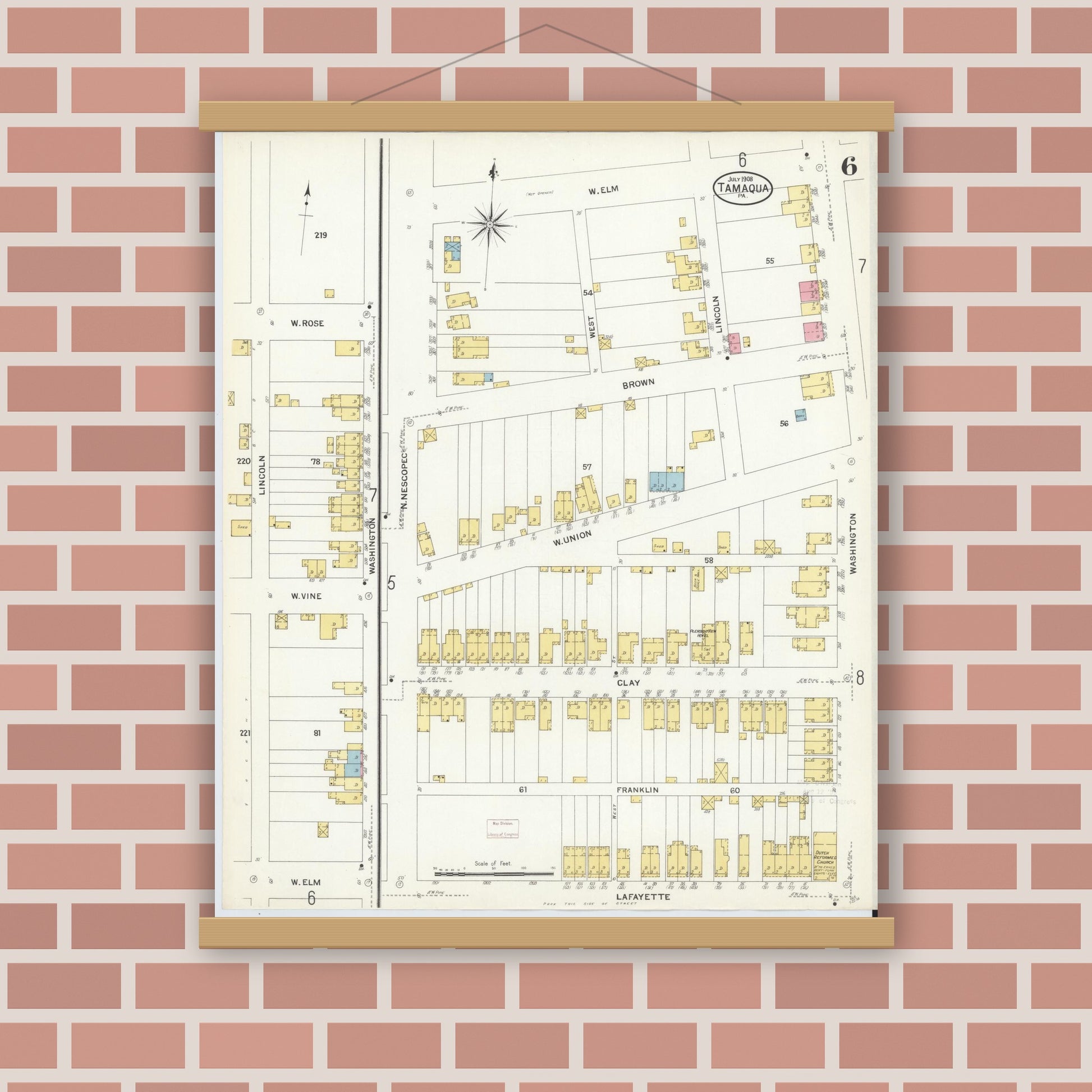 Old map wall art mockup — magnetic wood frame on brick wall — Sanborn Fire Insurance Map from Tamaqua, Schuylkill County, Pennsylvania (1908), Sheet #0006