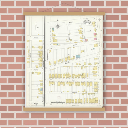 Old map wall art mockup — magnetic wood frame on brick wall — Sanborn Fire Insurance Map from Tamaqua, Schuylkill County, Pennsylvania (1908), Sheet #0006