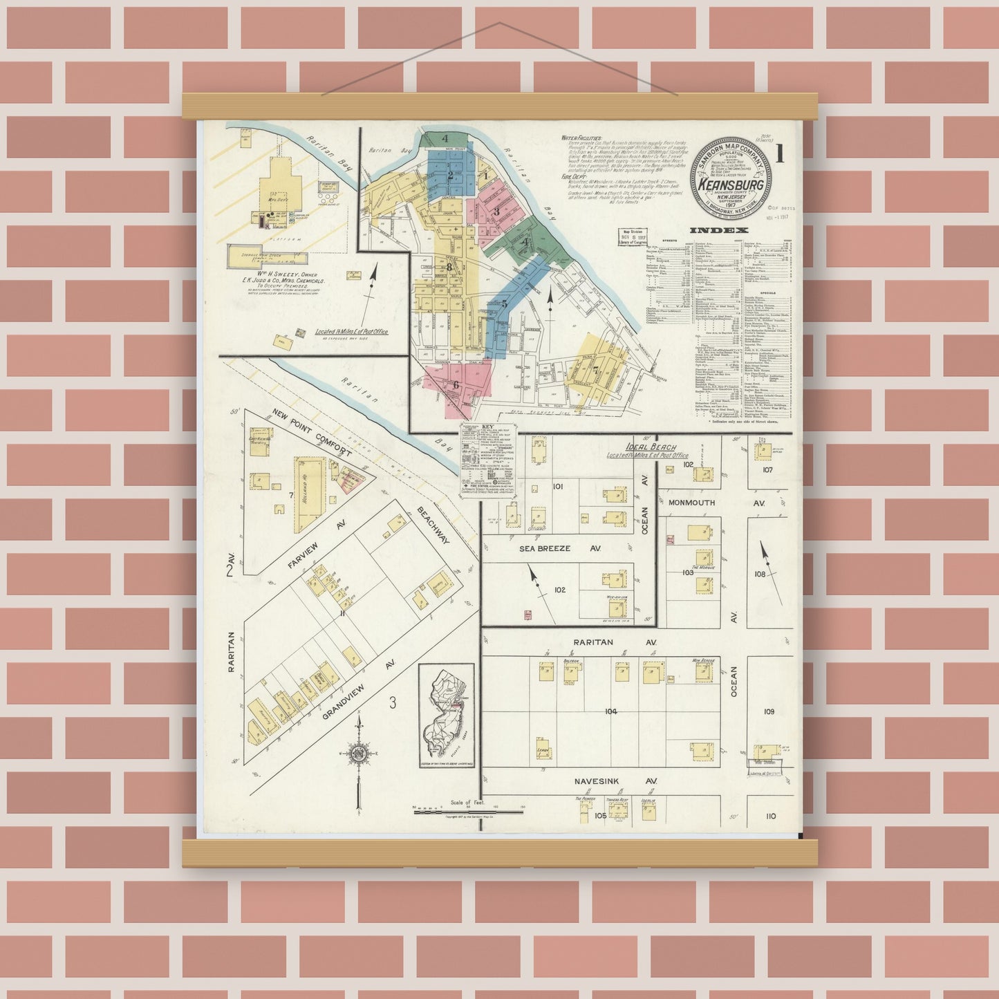 Old map wall art mockup — magnetic wood frame on brick wall — Sanborn Fire Insurance Map from Keansburg, Monmouth County, New Jersey (1917), Sheet #0001