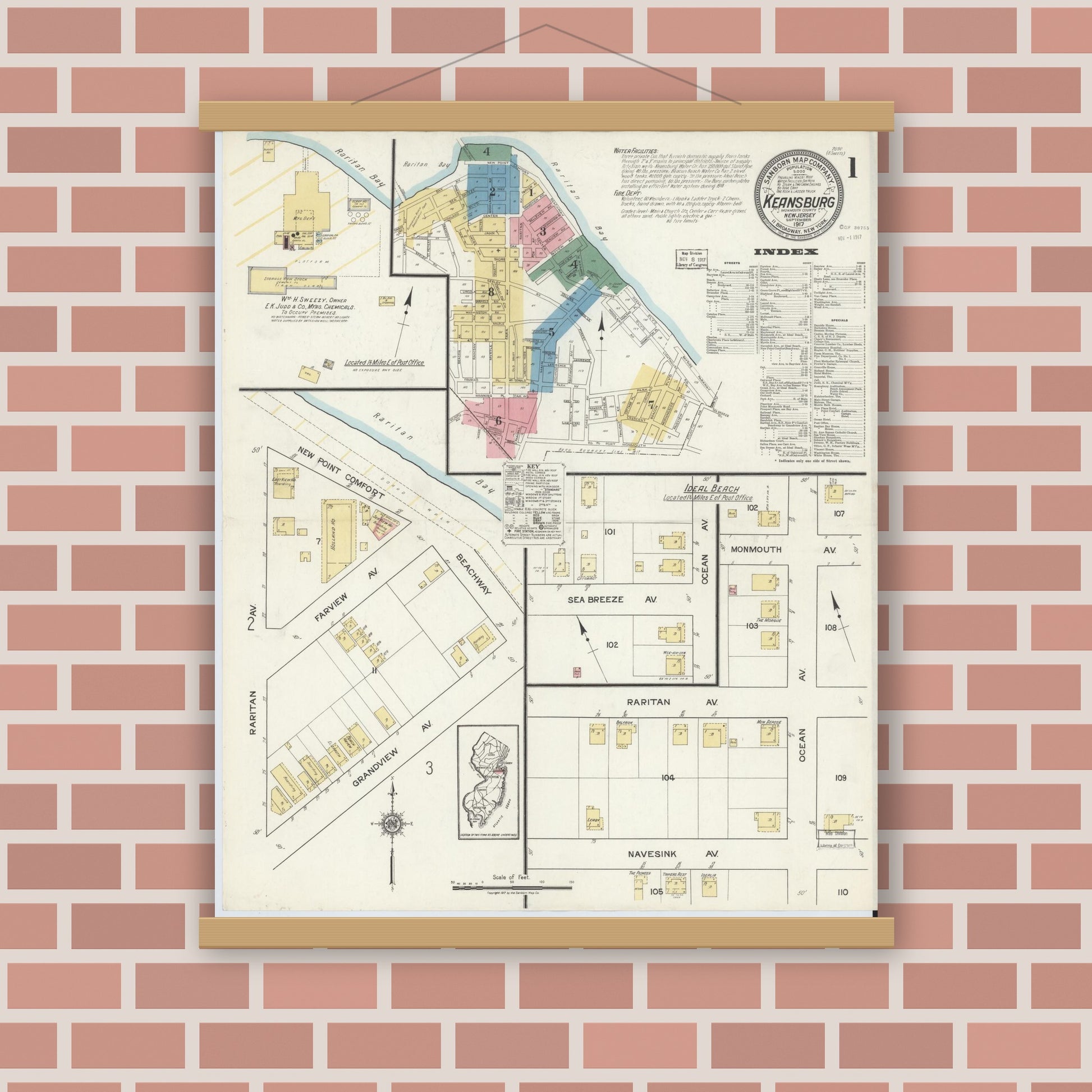Old map wall art mockup — magnetic wood frame on brick wall — Sanborn Fire Insurance Map from Keansburg, Monmouth County, New Jersey (1917), Sheet #0001