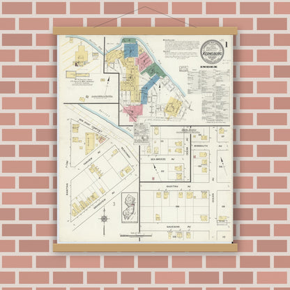 Old map wall art mockup — magnetic wood frame on brick wall — Sanborn Fire Insurance Map from Keansburg, Monmouth County, New Jersey (1917), Sheet #0001