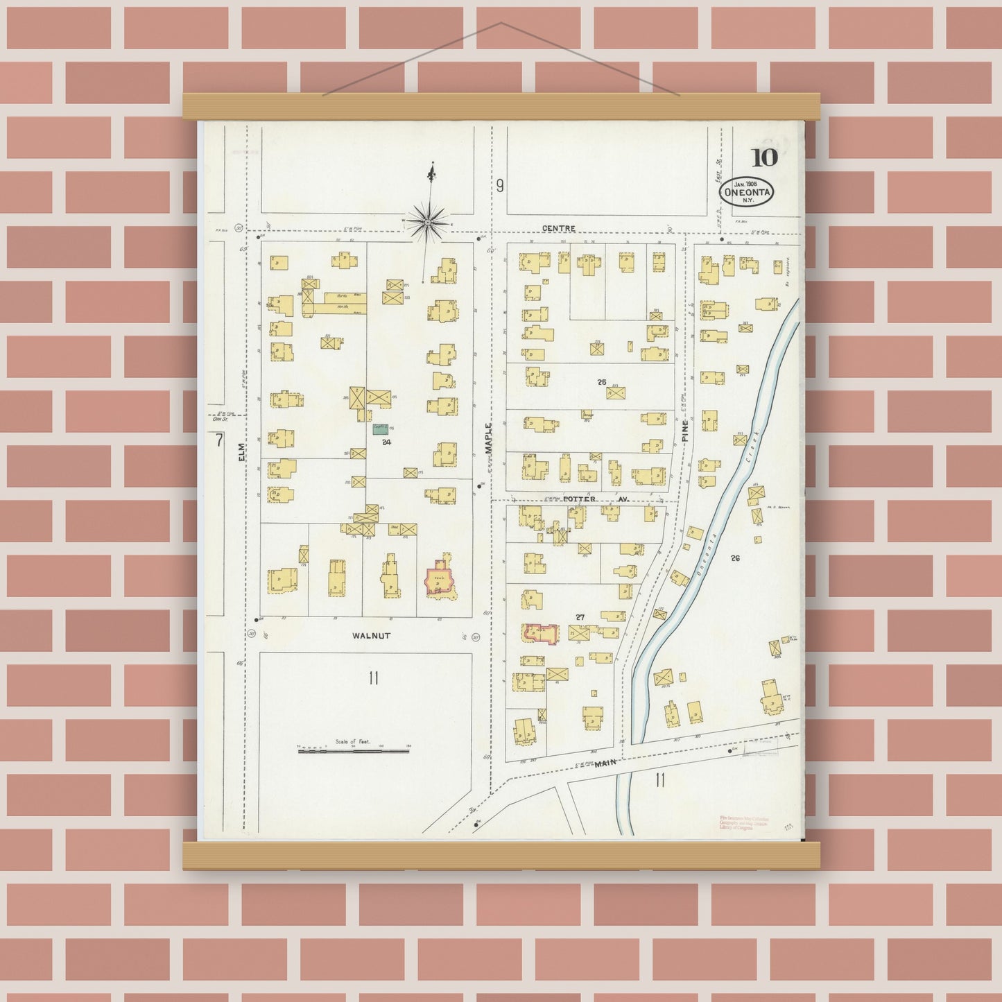 Old map wall art mockup — magnetic wood frame on brick wall — Sanborn Fire Insurance Map from Oneonta, Otsego County, New York (1905), Sheet #0010