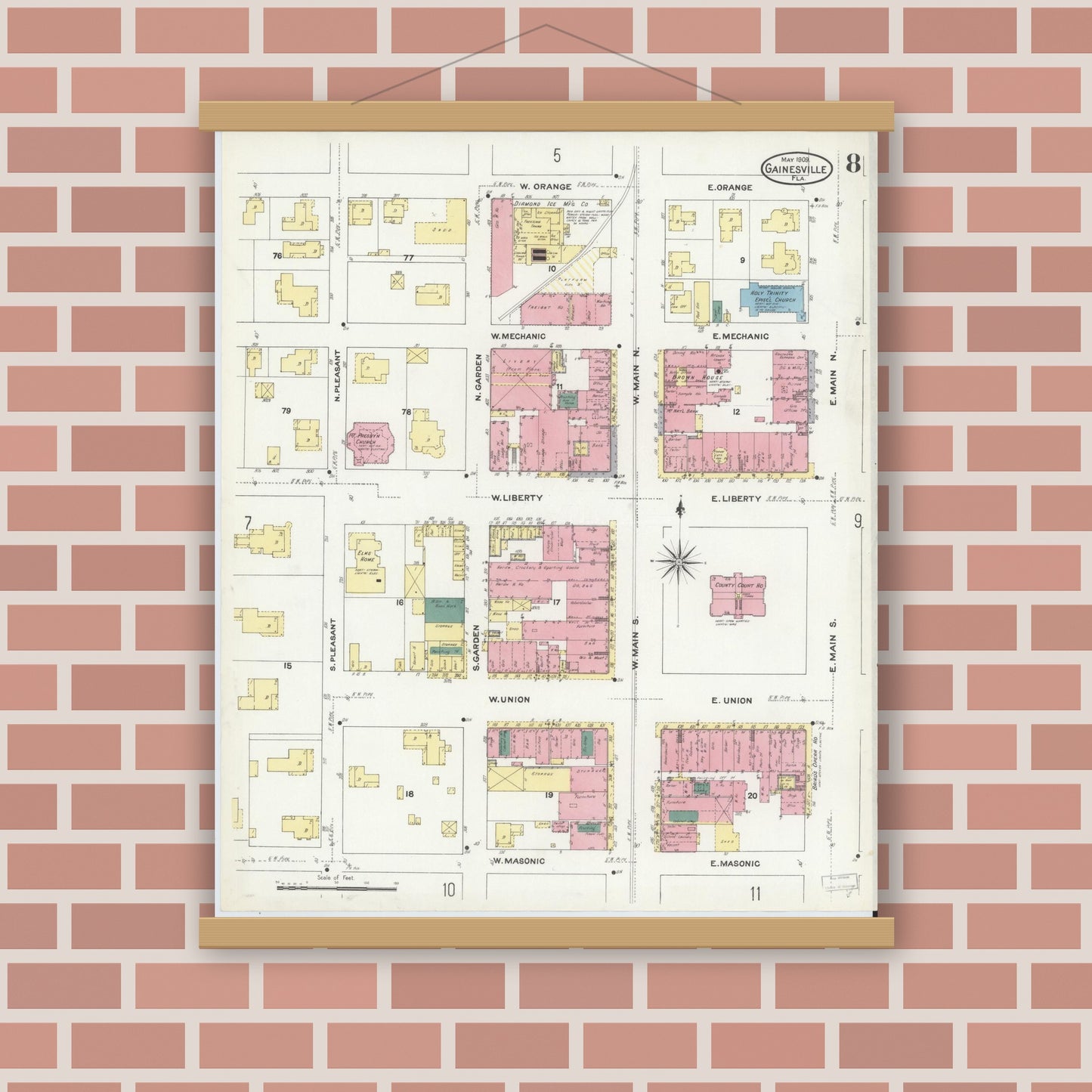 Old map wall art mockup — magnetic wood frame on brick wall — Sanborn Fire Insurance Map from Gainesville, Alachua County, Florida (1909), Sheet #0008