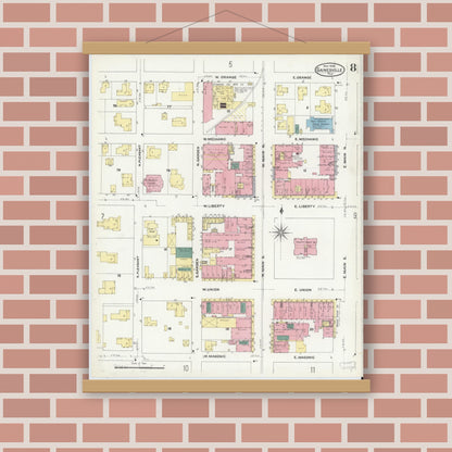 Old map wall art mockup — magnetic wood frame on brick wall — Sanborn Fire Insurance Map from Gainesville, Alachua County, Florida (1909), Sheet #0008