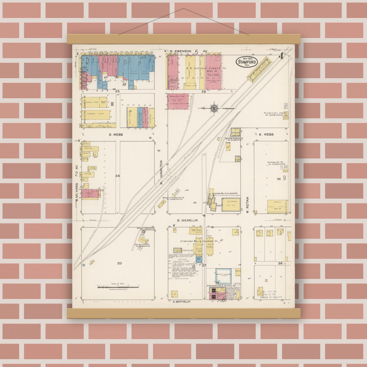Old map wall art mockup — magnetic wood frame on brick wall — Sanborn Fire Insurance Map from Stamford, Jones County, Texas (1922), Sheet #0004