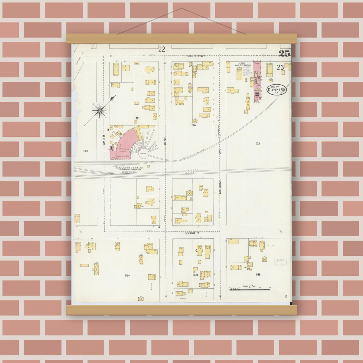 Old map wall art mockup — magnetic wood frame on brick wall — Sanborn Fire Insurance Map from Dunkirk, Chautauqua County, New York (1904), Sheet #0025