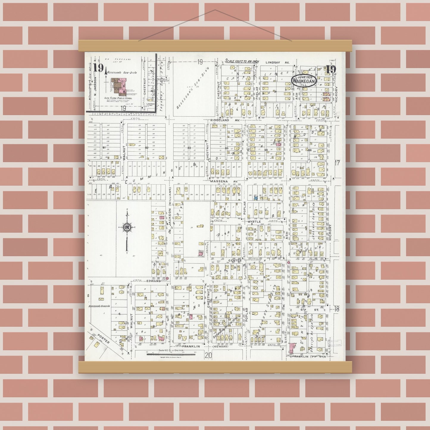 Old map wall art mockup — magnetic wood frame on brick wall — Sanborn Fire Insurance Map from Waukegan, Lake County, Illinois (1924), Sheet #0019