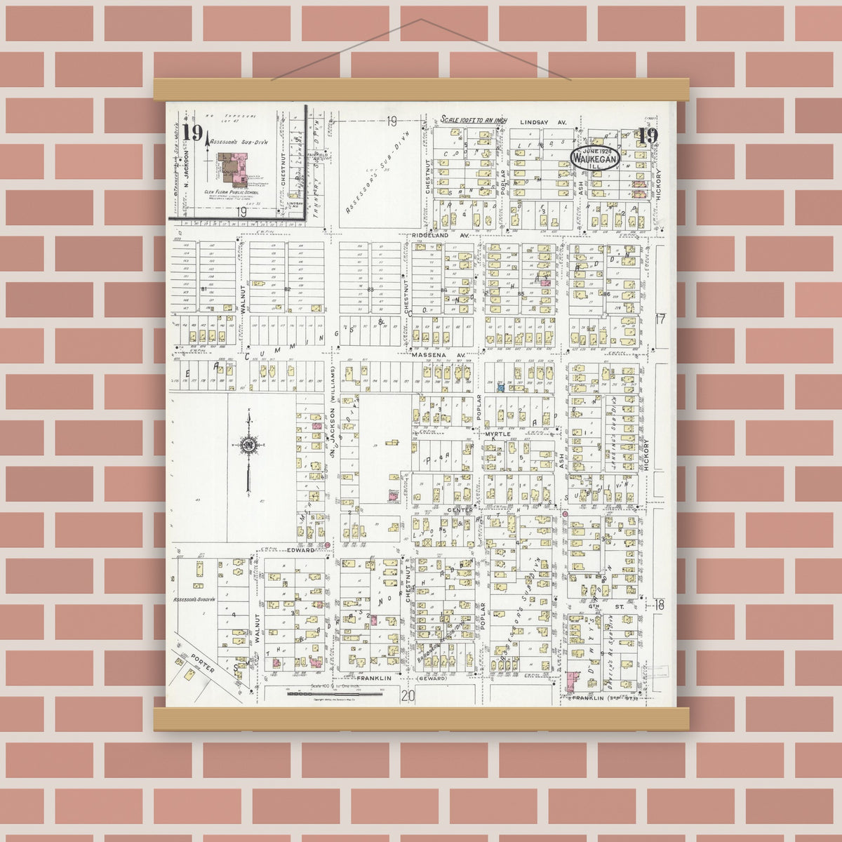 Old map wall art mockup — magnetic wood frame on brick wall — Sanborn Fire Insurance Map from Waukegan, Lake County, Illinois (1924), Sheet #0019