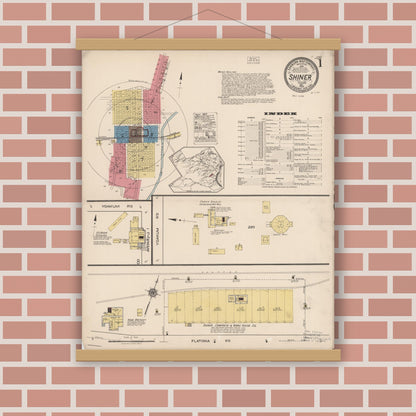 Old map wall art mockup — magnetic wood frame on brick wall — Sanborn Fire Insurance Map from Shiner, Lavaca County, Texas (1922) - Complete Map Set