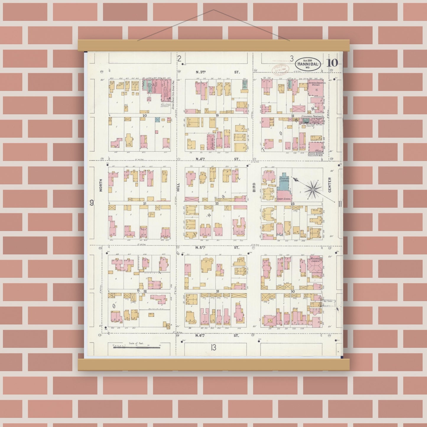 Old map wall art mockup — magnetic wood frame on brick wall — Sanborn Fire Insurance Map from Hannibal, Marion County, Missouri (1899), Sheet #0010