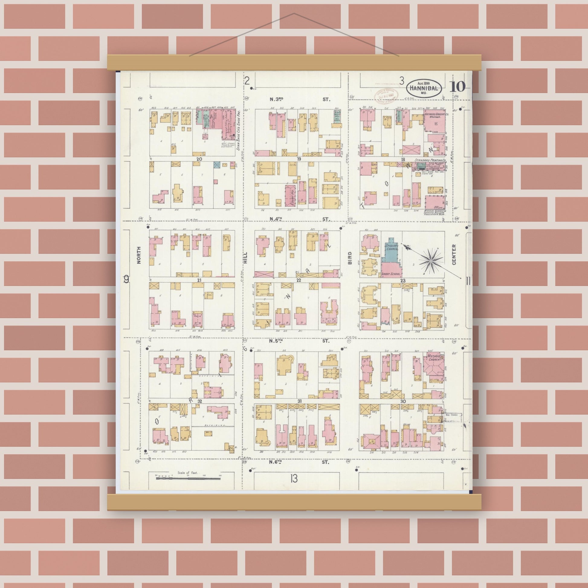 Old map wall art mockup — magnetic wood frame on brick wall — Sanborn Fire Insurance Map from Hannibal, Marion County, Missouri (1899), Sheet #0010
