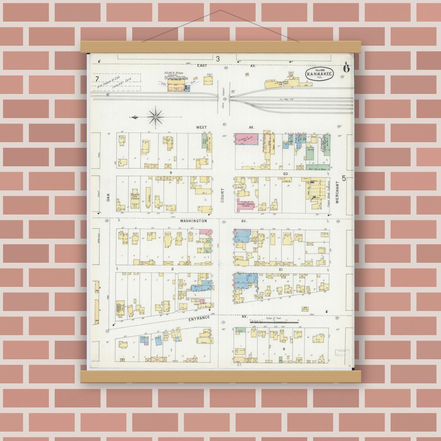 Old map wall art mockup — magnetic wood frame on brick wall — Sanborn Fire Insurance Map from Kankakee, Kankakee County, Illinois (1896), Sheet #0006