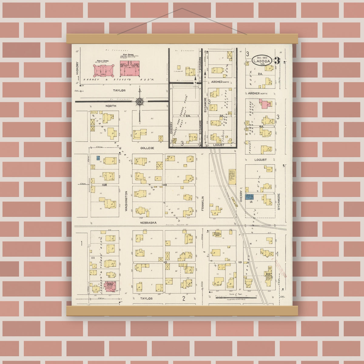 Old map wall art mockup — magnetic wood frame on brick wall — Sanborn Fire Insurance Map from Ladoga, Montgomery County, Indiana (1922), Sheet #0003