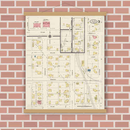 Old map wall art mockup — magnetic wood frame on brick wall — Sanborn Fire Insurance Map from Ladoga, Montgomery County, Indiana (1922), Sheet #0003
