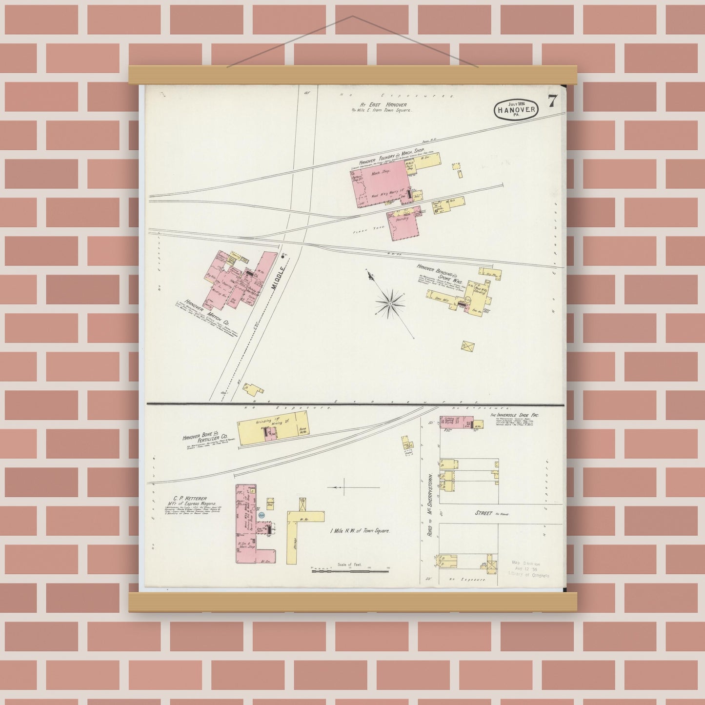 Old map wall art mockup — magnetic wood frame on brick wall — Sanborn Fire Insurance Map from Hanover, York County, Pennsylvania (1896), Sheet #0007