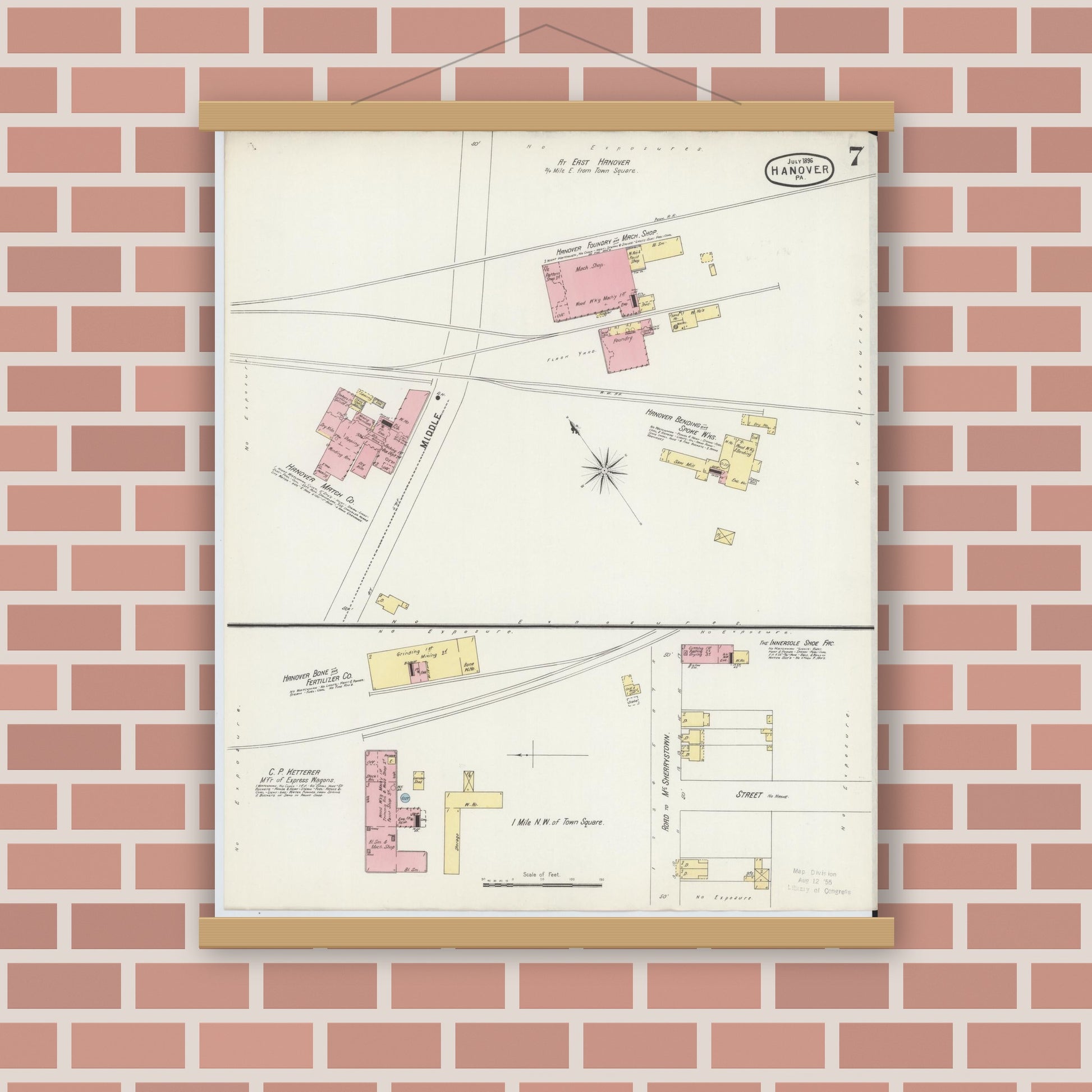 Old map wall art mockup — magnetic wood frame on brick wall — Sanborn Fire Insurance Map from Hanover, York County, Pennsylvania (1896), Sheet #0007
