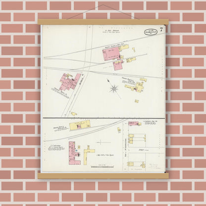 Old map wall art mockup — magnetic wood frame on brick wall — Sanborn Fire Insurance Map from Hanover, York County, Pennsylvania (1896), Sheet #0007