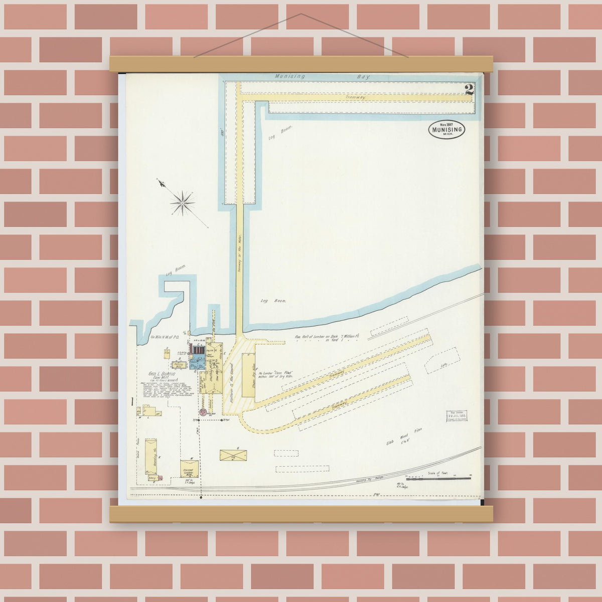 Old map wall art mockup — magnetic wood frame on brick wall — Sanborn Fire Insurance Map from Munising, Alger County, Michigan (1897), Sheet #0002
