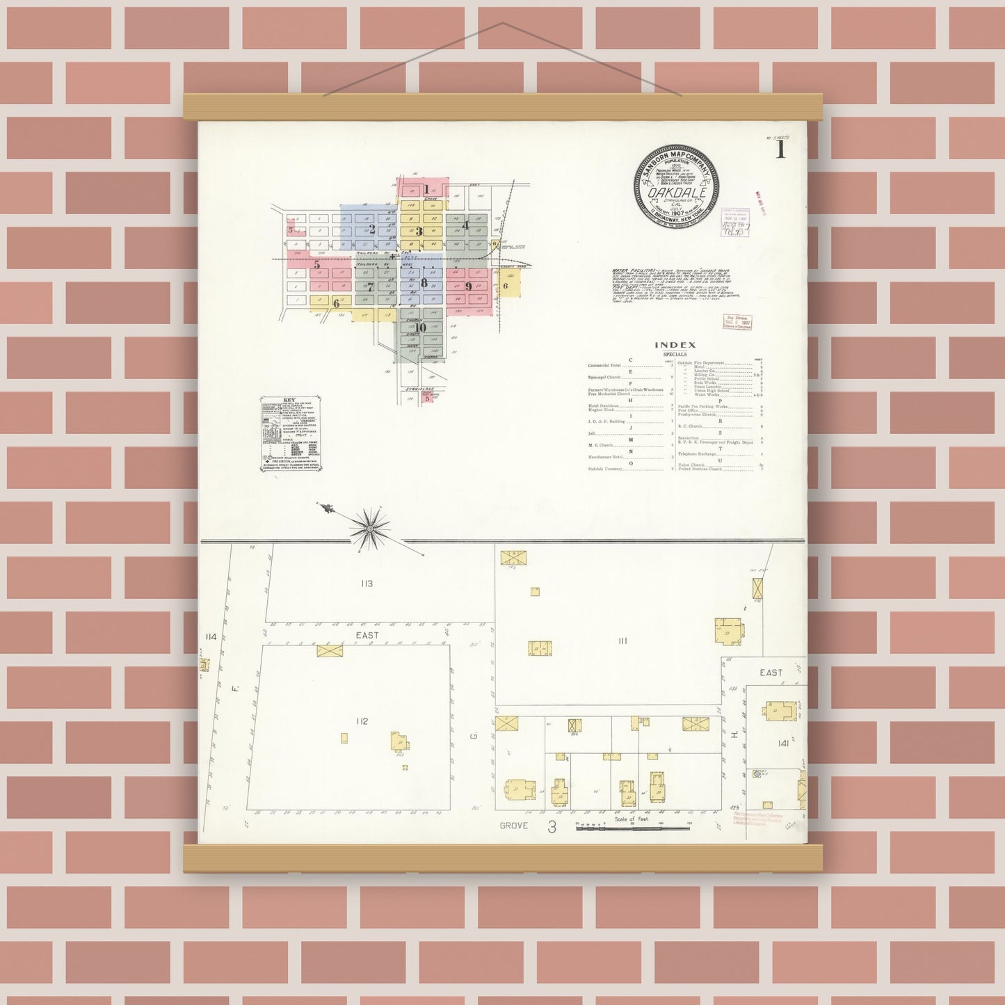 Old map wall art mockup — magnetic wood frame on brick wall — Sanborn Fire Insurance Map from Oakdale, Stanislaus County, California (1907) - Complete Map Set