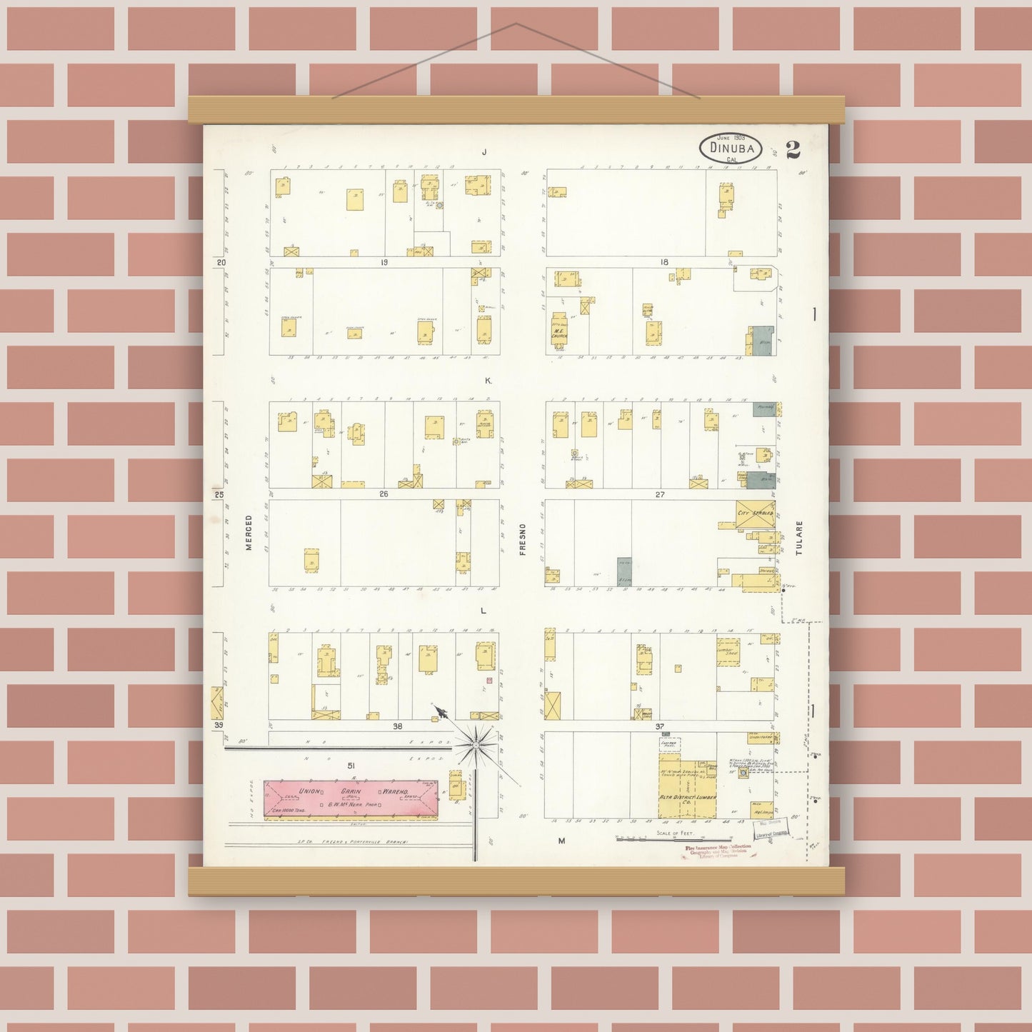 Old map wall art mockup — magnetic wood frame on brick wall — Sanborn Fire Insurance Map from Dinuba, Tulare County, California (1903), Sheet #0002