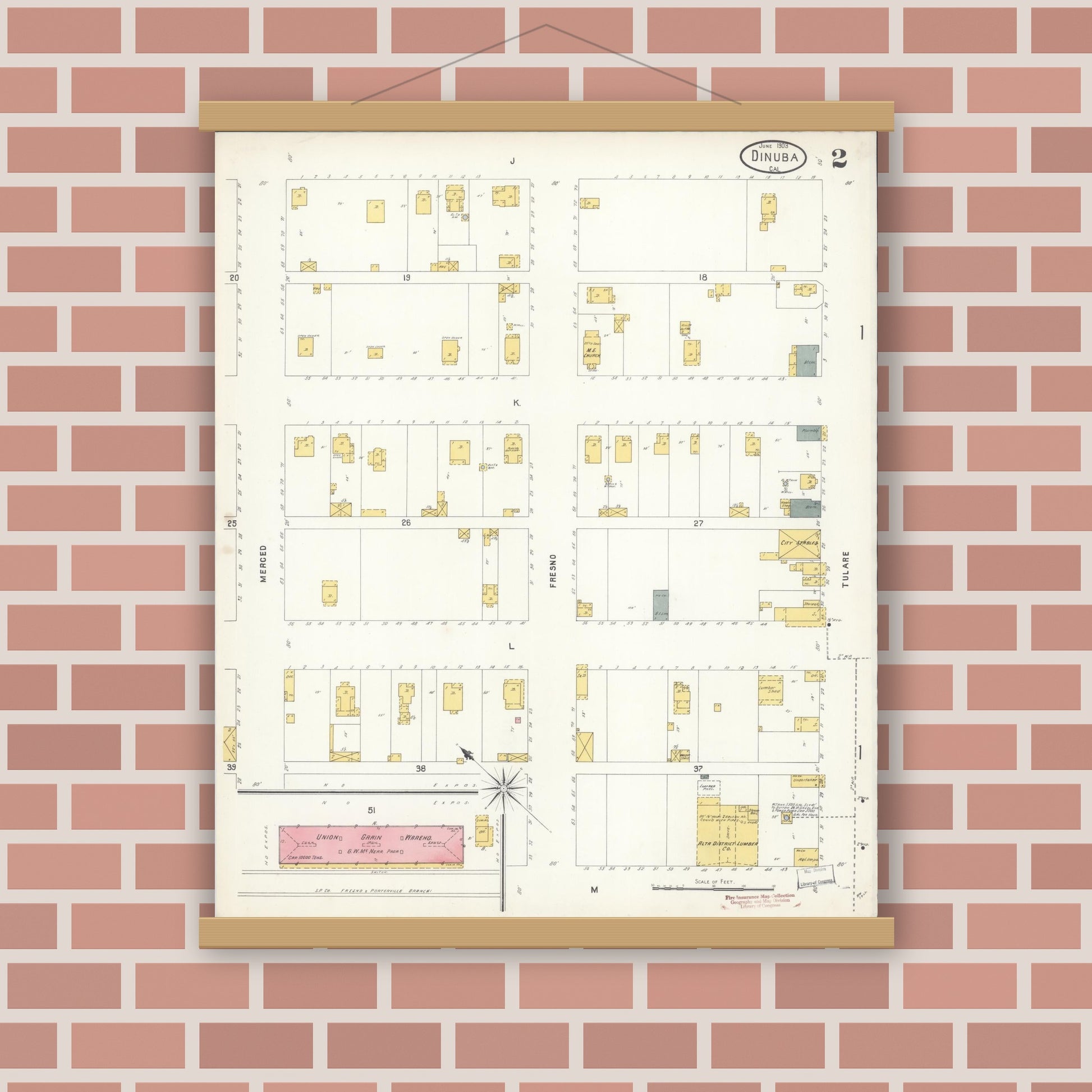 Old map wall art mockup — magnetic wood frame on brick wall — Sanborn Fire Insurance Map from Dinuba, Tulare County, California (1903), Sheet #0002