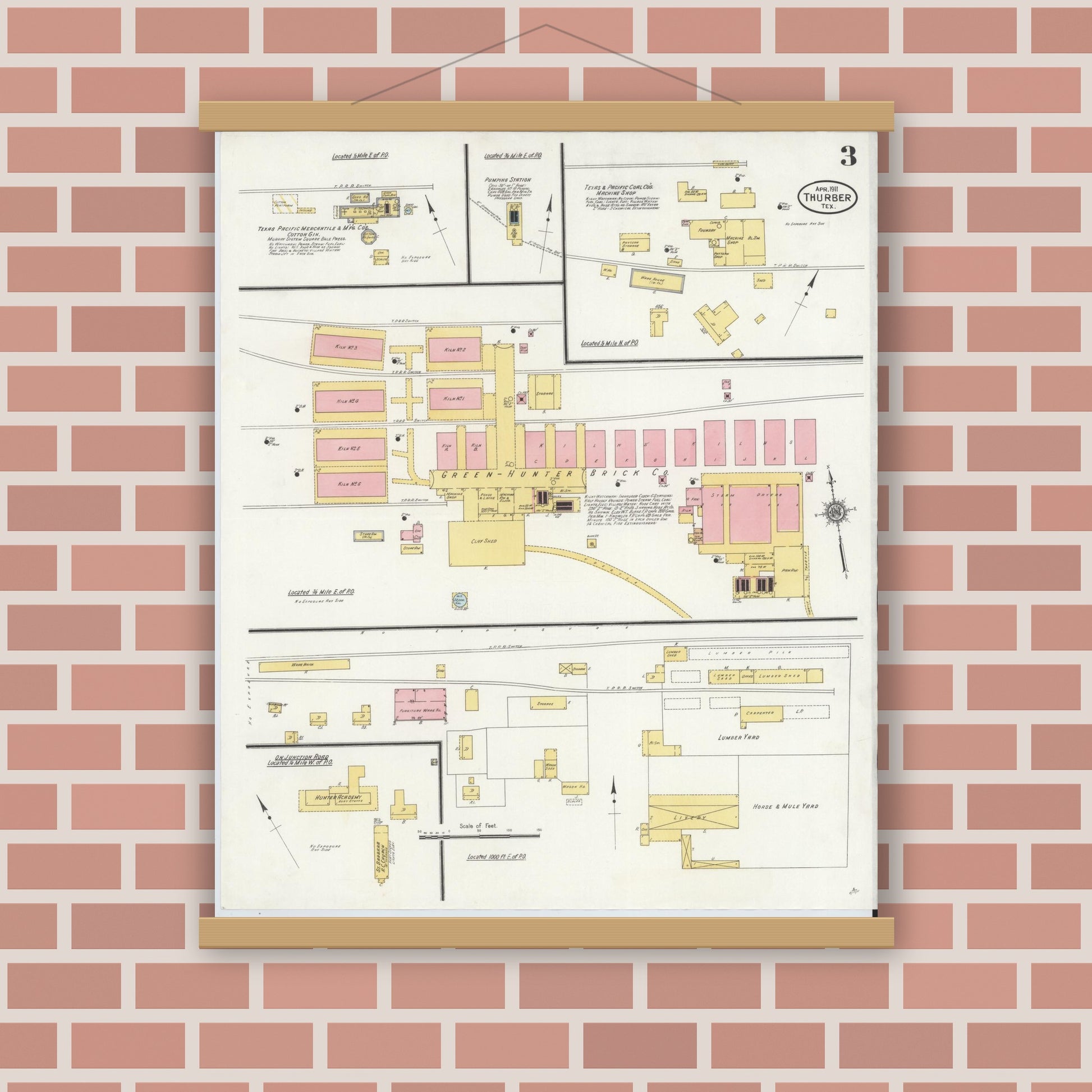 Old map wall art mockup — magnetic wood frame on brick wall — Sanborn Fire Insurance Map from Thurber, Erath County, Texas (1911), Sheet #0003