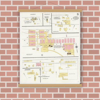 Old map wall art mockup — magnetic wood frame on brick wall — Sanborn Fire Insurance Map from Thurber, Erath County, Texas (1911), Sheet #0003