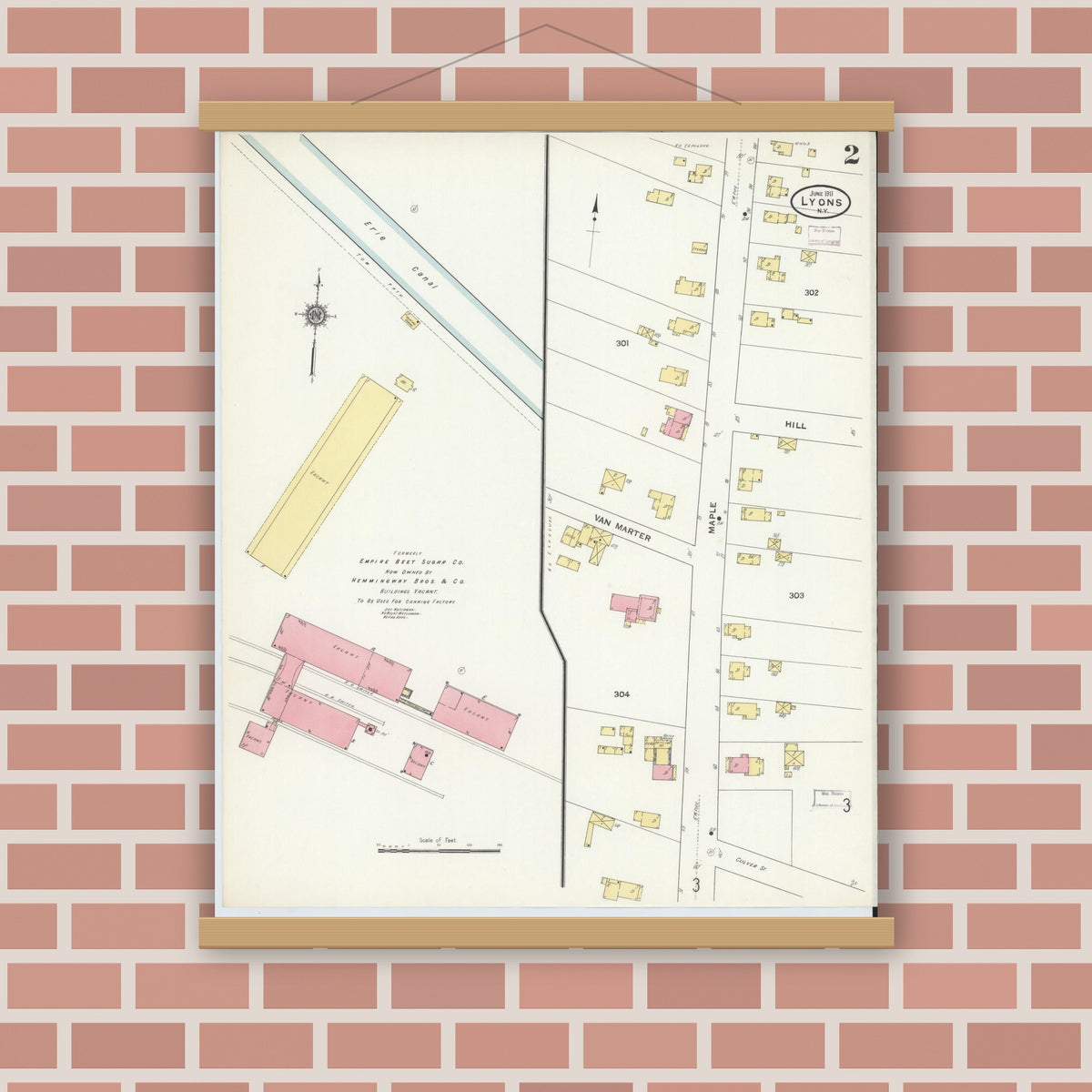 Old map wall art mockup — magnetic wood frame on brick wall — Sanborn Fire Insurance Map from Lyons, Wayne County, New York (1911) - Complete Map Set