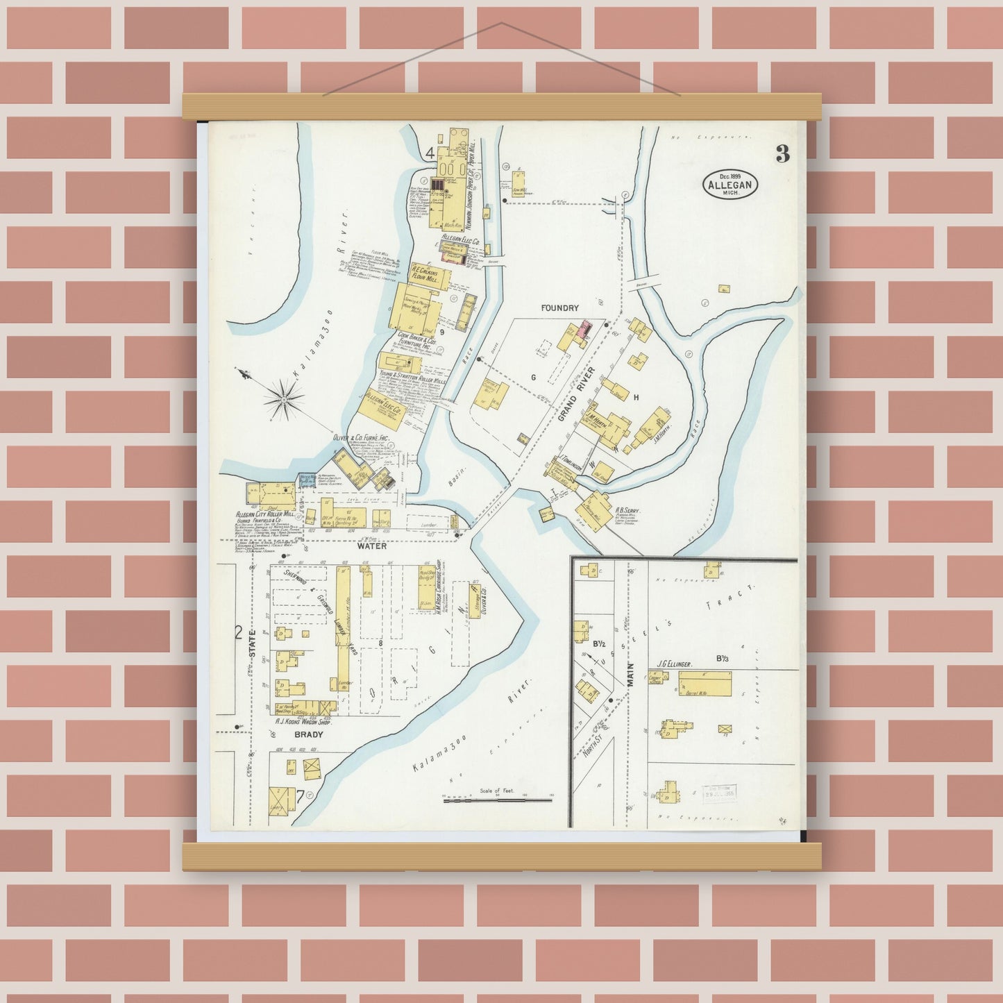 Old map wall art mockup — magnetic wood frame on brick wall — Sanborn Fire Insurance Map from Allegan, Allegan County, Michigan (1899), Sheet #0003