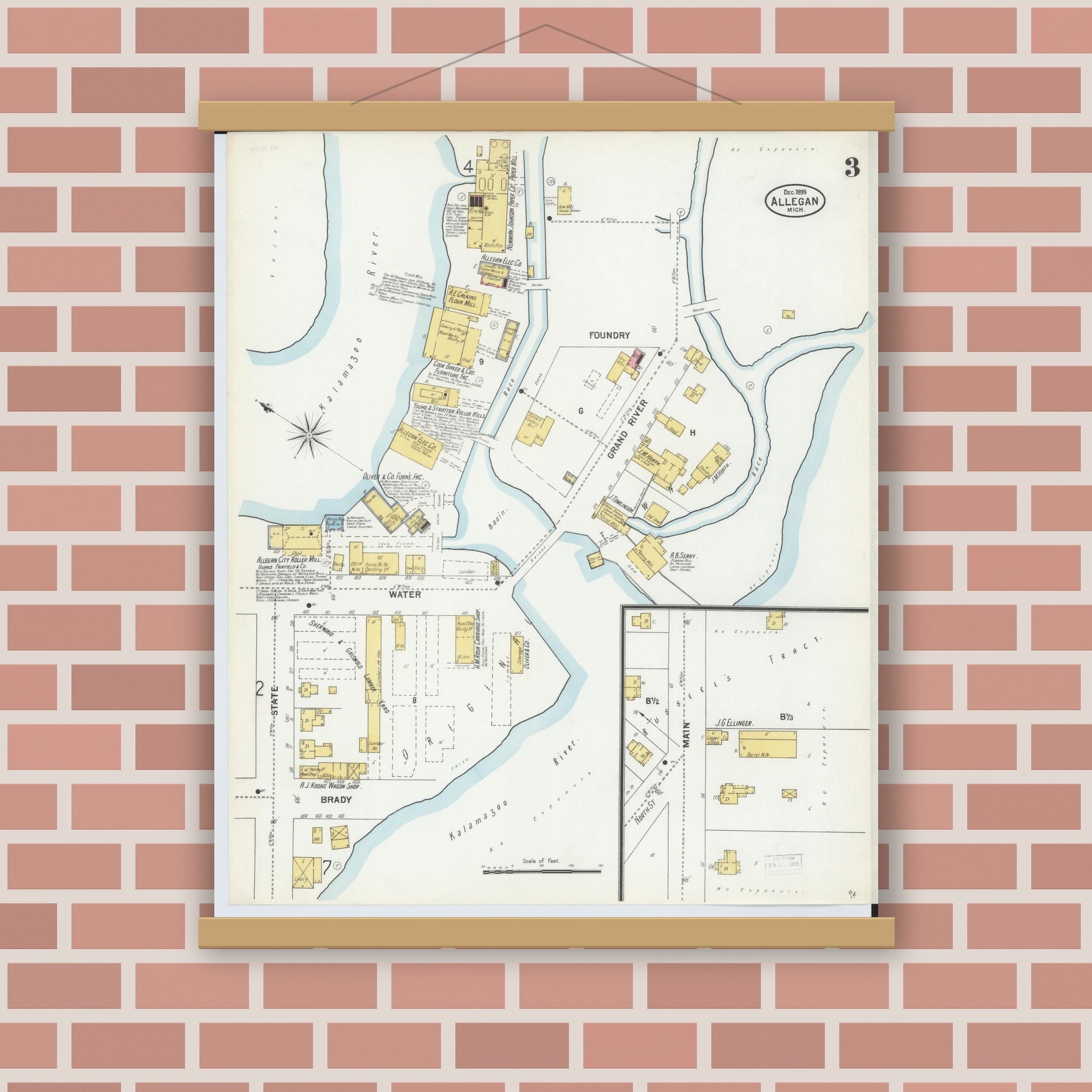 Old map wall art mockup — magnetic wood frame on brick wall — Sanborn Fire Insurance Map from Allegan, Allegan County, Michigan (1899), Sheet #0003