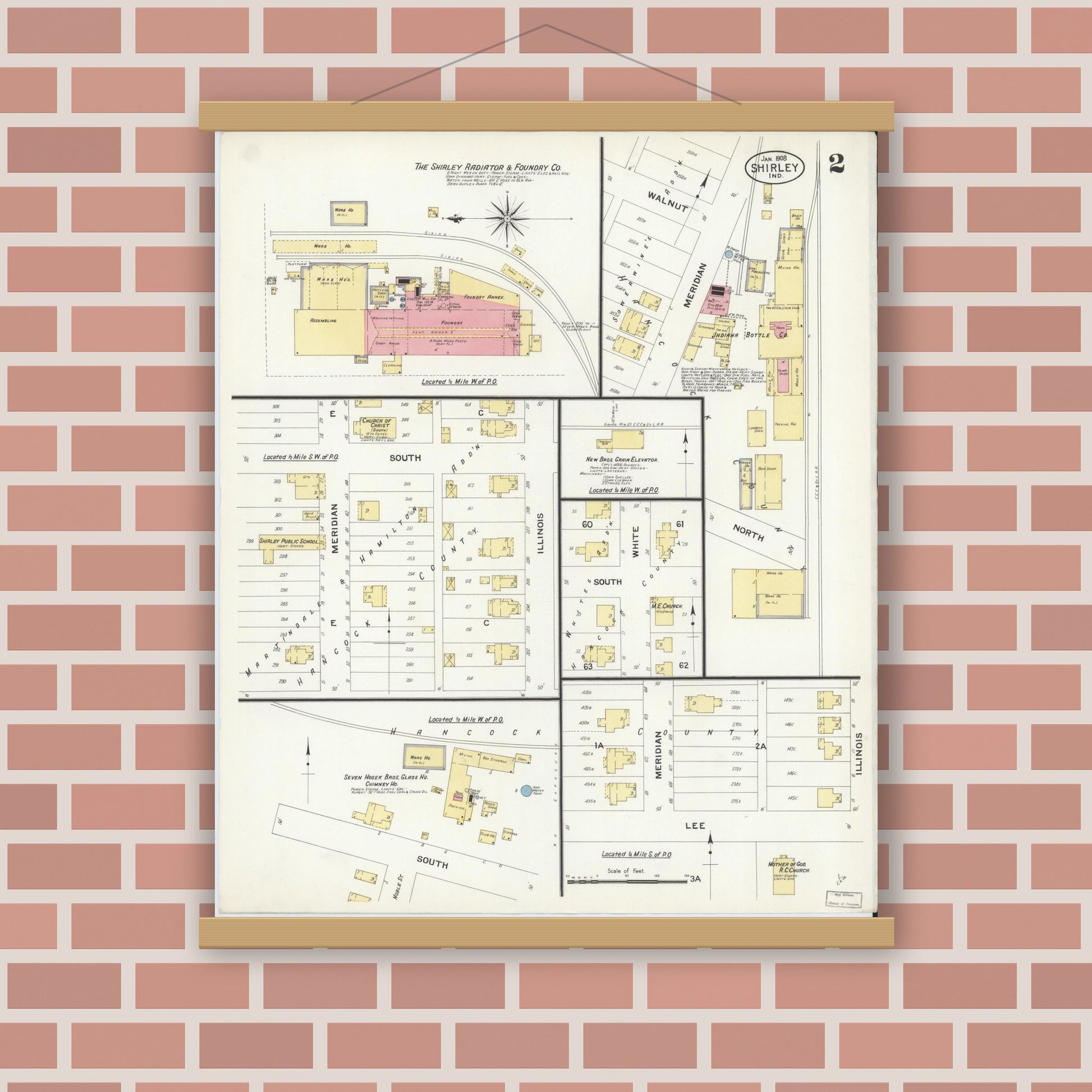 Old map wall art mockup — magnetic wood frame on brick wall — Sanborn Fire Insurance Map from Shirley, Hancock And Henry Counties, Indiana (1908), Sheet #0002