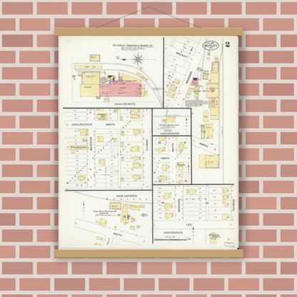 Old map wall art mockup — magnetic wood frame on brick wall — Sanborn Fire Insurance Map from Shirley, Hancock And Henry Counties, Indiana (1908), Sheet #0002