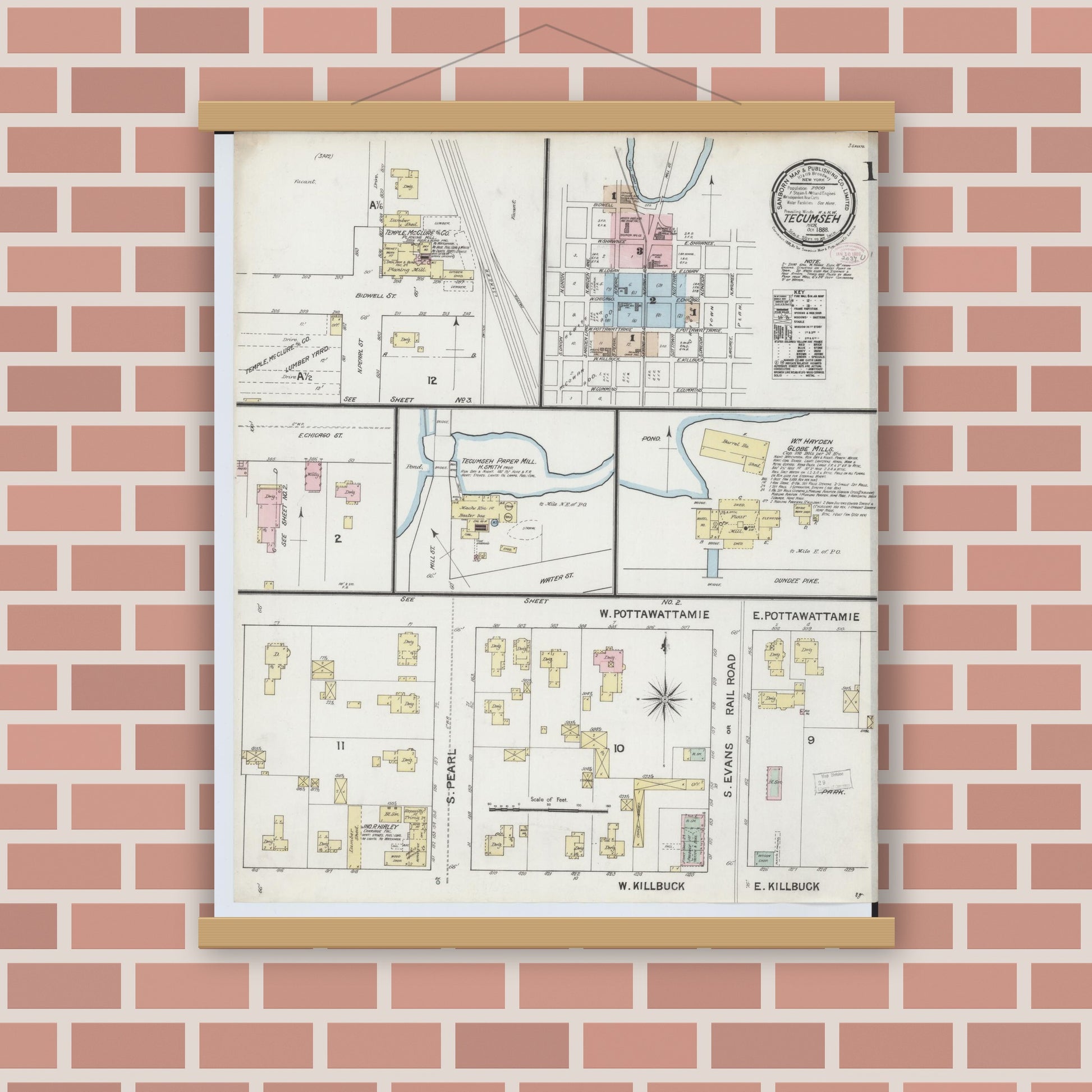 Old map wall art mockup — magnetic wood frame on brick wall — Sanborn Fire Insurance Map from Tecumseh, Lenawee County, Michigan (1888), Sheet #0001